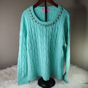 Lilly Pulitzer Dario Sweater L Surf Aqua Cable Knit Jewled Preppy Feminine